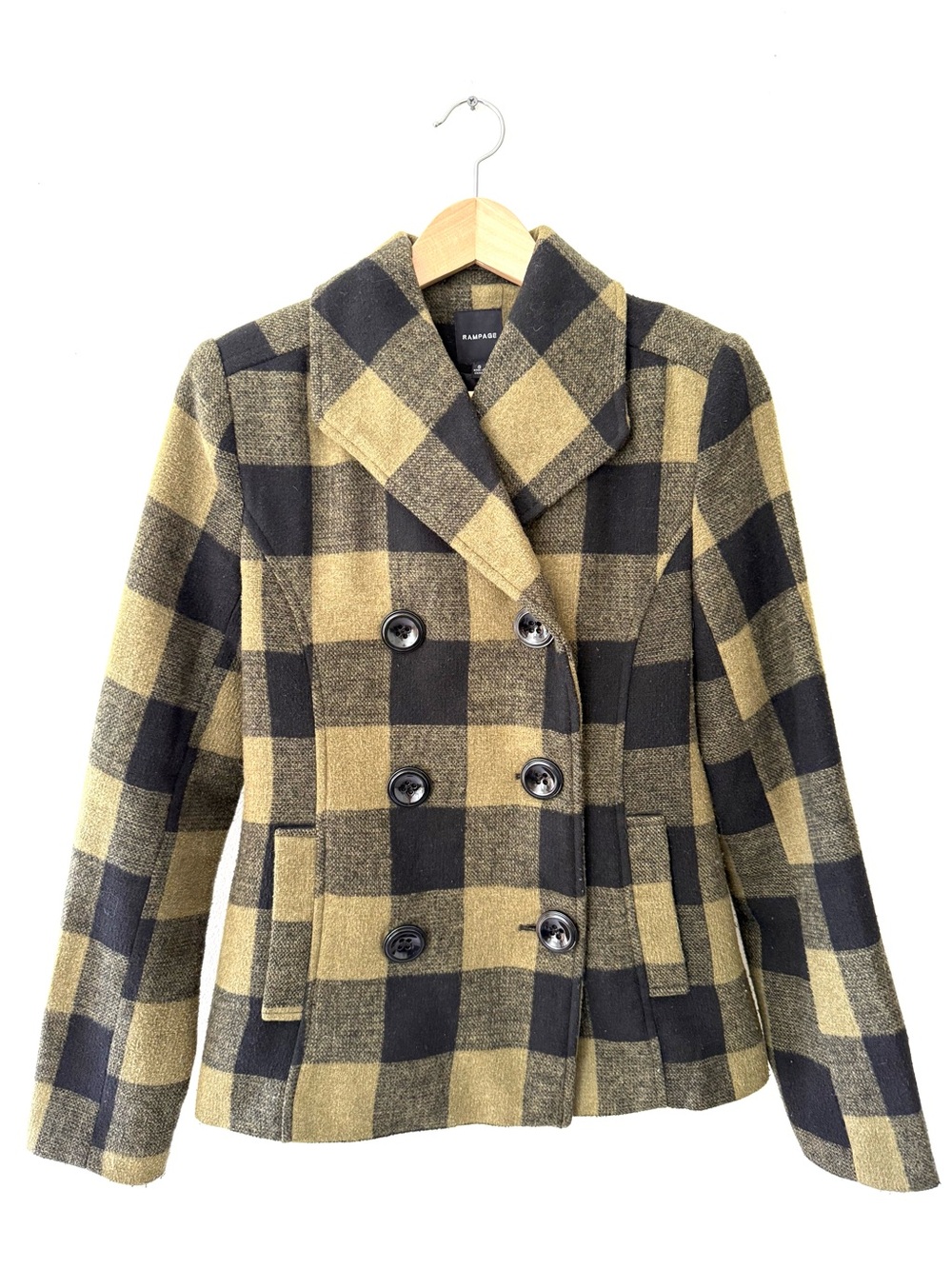 Rampage Y2K Plaid Double Breasted Peacoat Military Olive Black Buffalo Check S